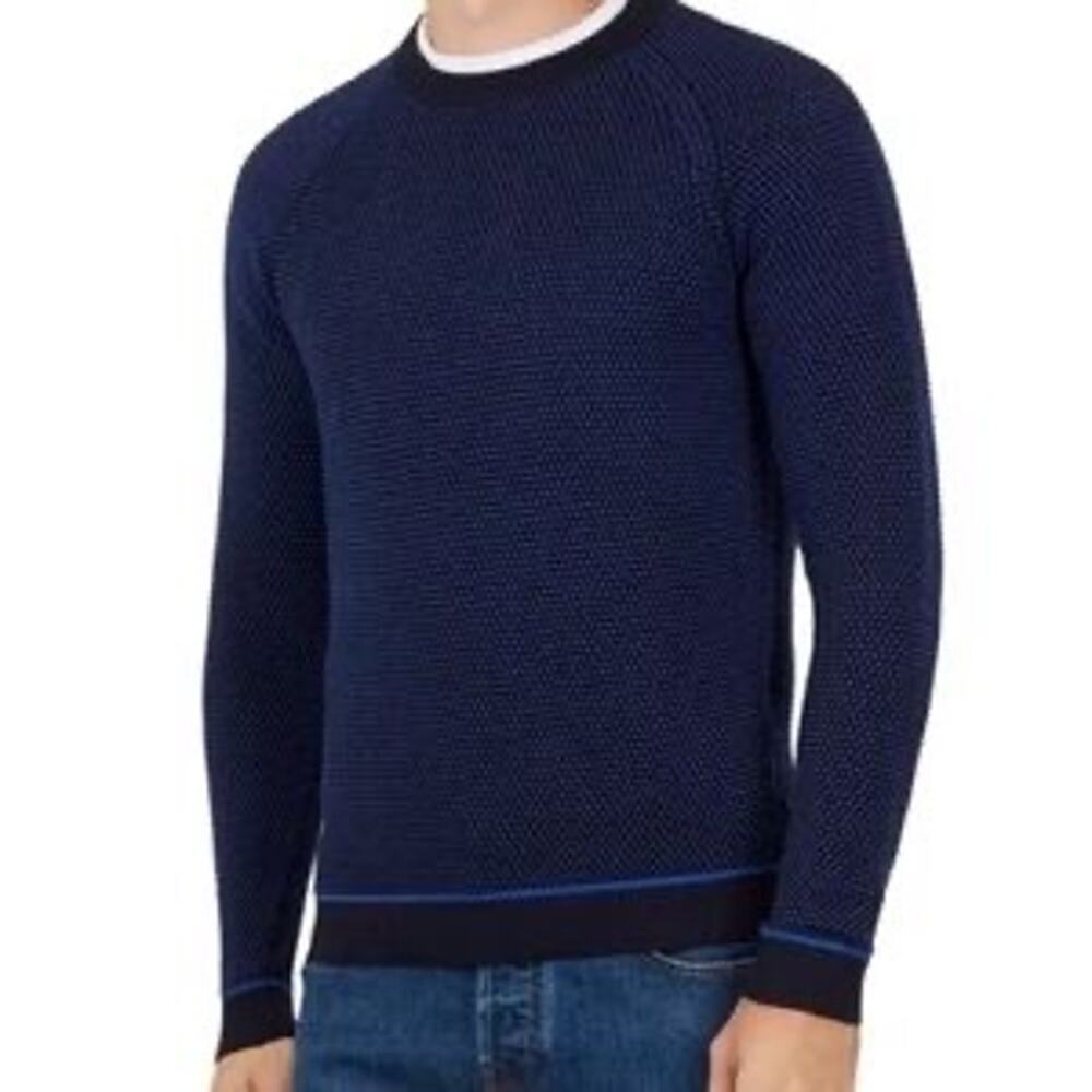 NEW Ted Baker Men’s Blue/Black Textured Knit Cotton Blend Crewneck Sweater- Sz 5